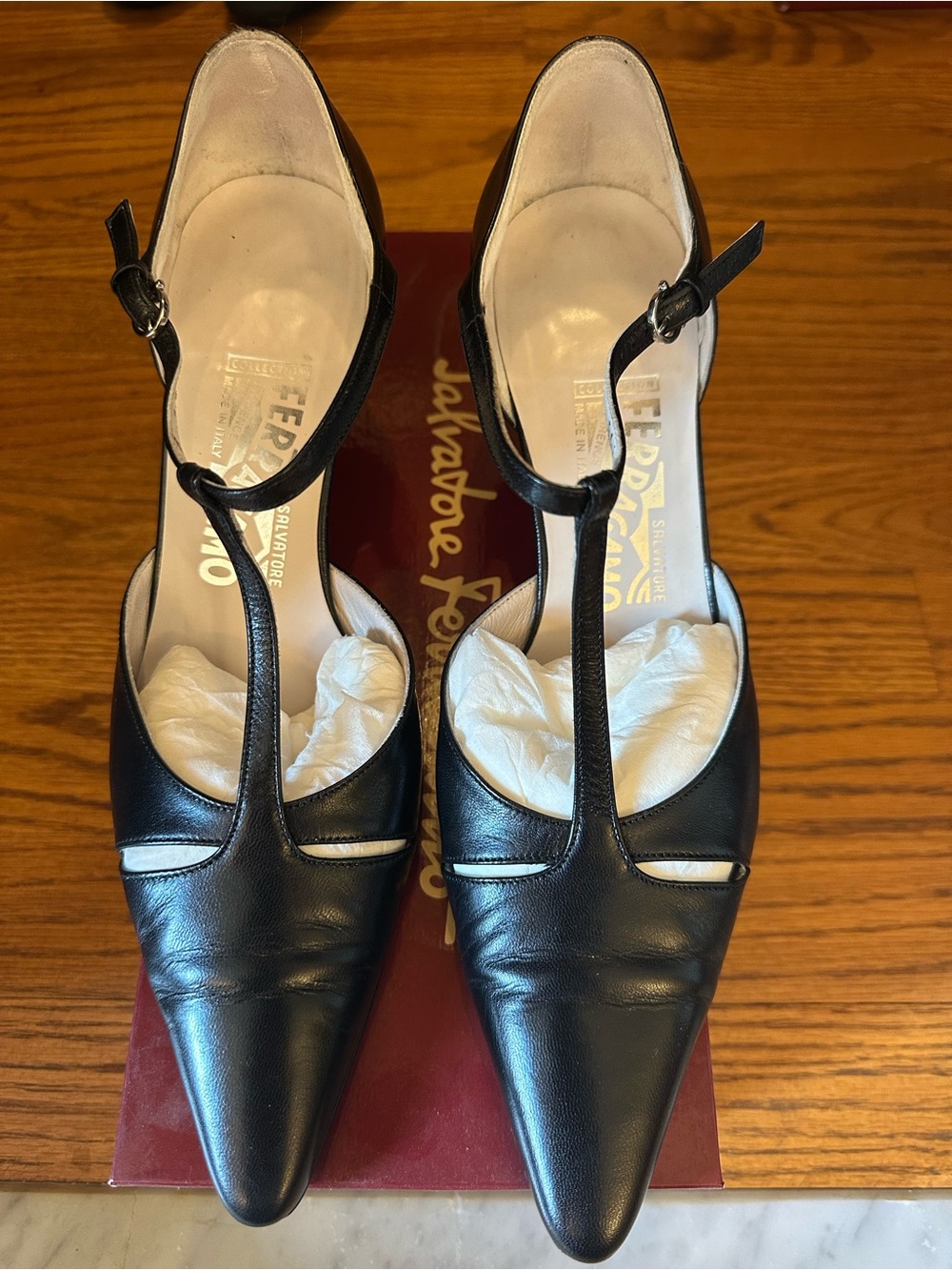 Salvatore Ferragamo Black Leather T-Strap Pointed Pumps